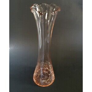 8" Romantic Cottage Blush Pink Crackle Glass Blown Bud Flower Vase Ruffled Edge